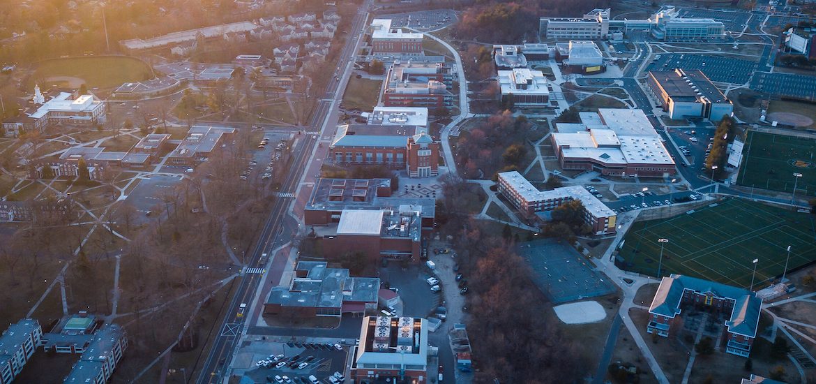 Drone shot of Glassboro campus at sunset.