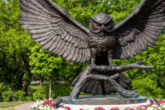 Image of prof statue near Robinson and James Halls.