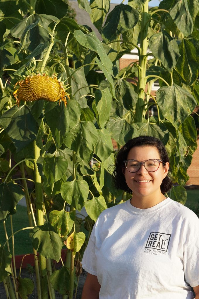 Mariana standing next to the sunflowers at the community garden.