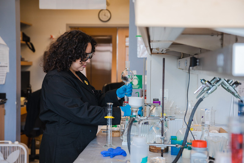 Biological Sciences major Aryana Marquez conducts a lab experiment.