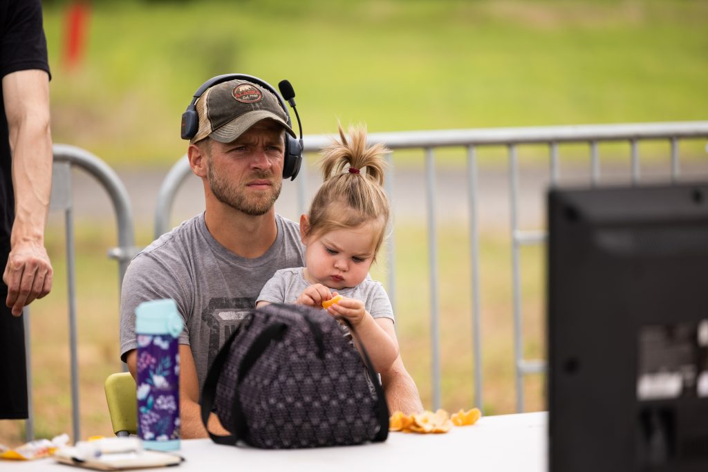 Chris Wilczewski working as Chief Operating Officer for the World Ninja League, while having his daughter on set. 