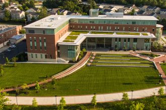 An aerial photo of Rowan's business building.