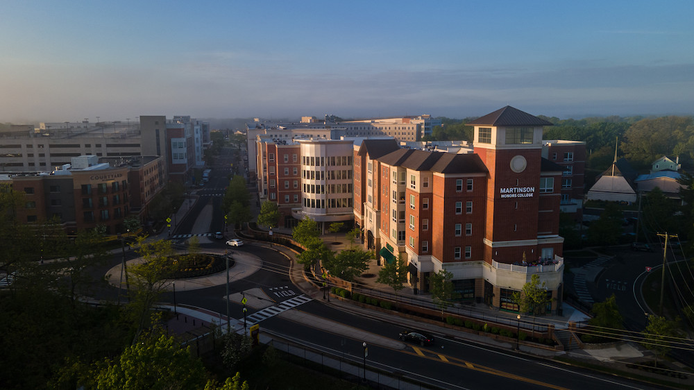 A drone view of Rowan Boulevard, showing the Honors College and Courtyard Marriott end with the traffic circle. 