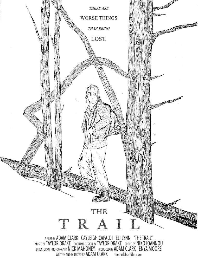 The ink drawn movie poster for The Trail, showing a person in the woods with a backpack. It looks creepy. 